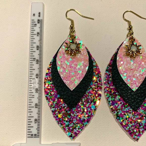 Glitter Faux Leather earrings with gold Opal accent charm - Picture 3 of 5